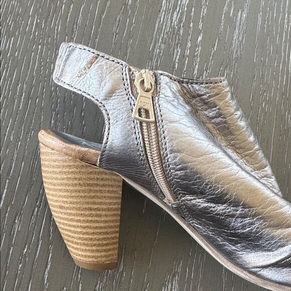 Miz Mooz Metallic Pewter Leather Heeled Sandals Open Toe Shoes Slingback Size 38 - Picture 9 of 12